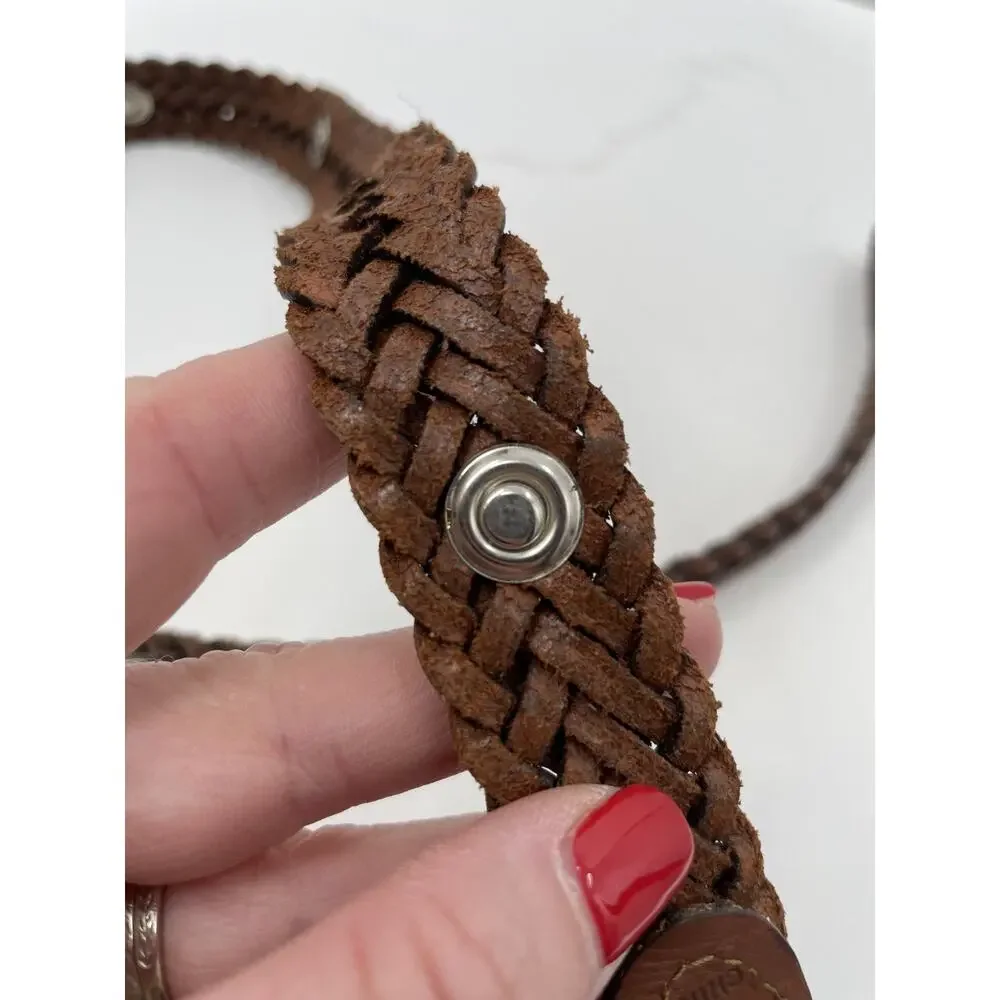 Fossil Classic Leather Belt Small Braided Brown Leather Silver Flower Rivets